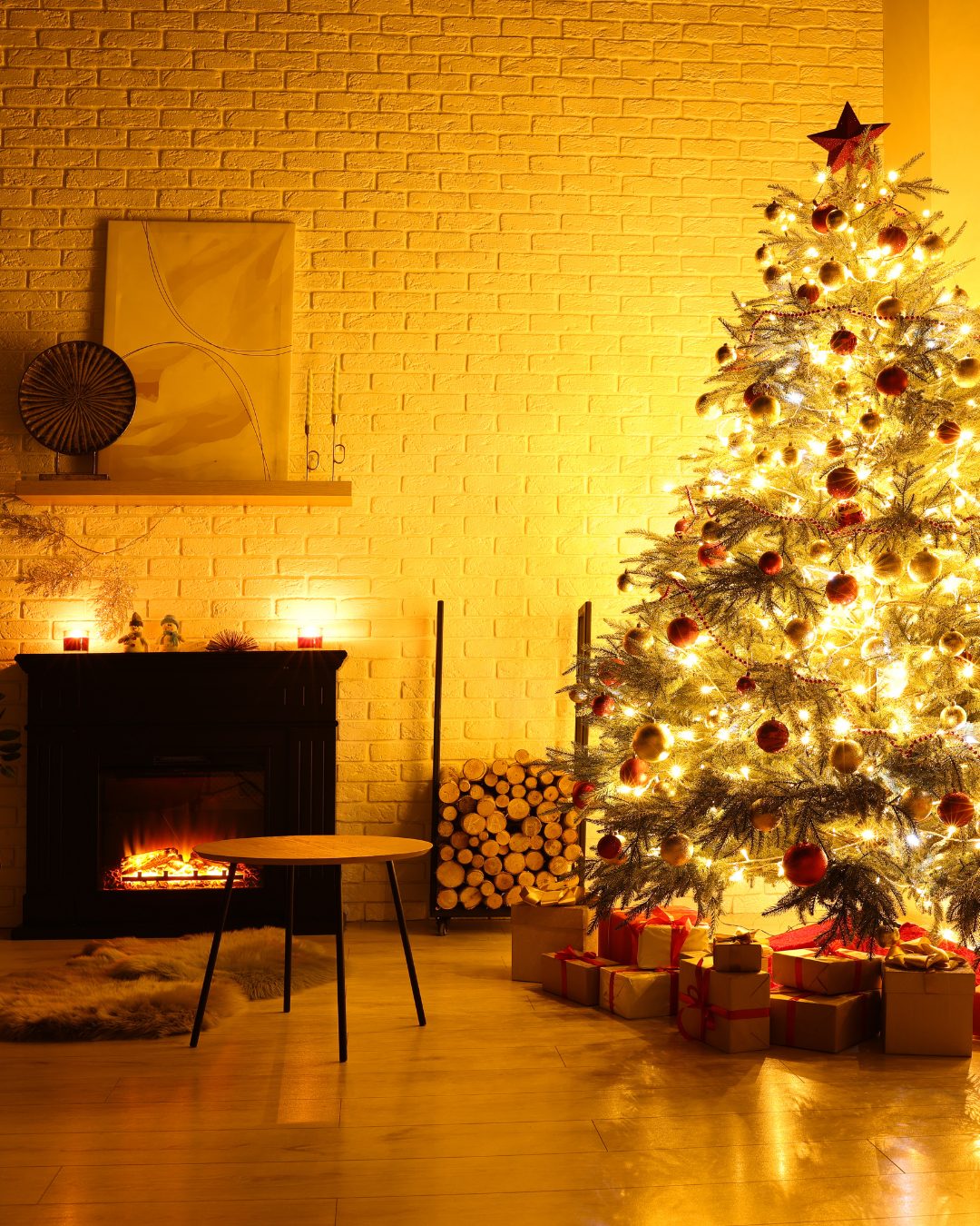 Minimalist holiday living room with sentimental decorations and warm lighting.