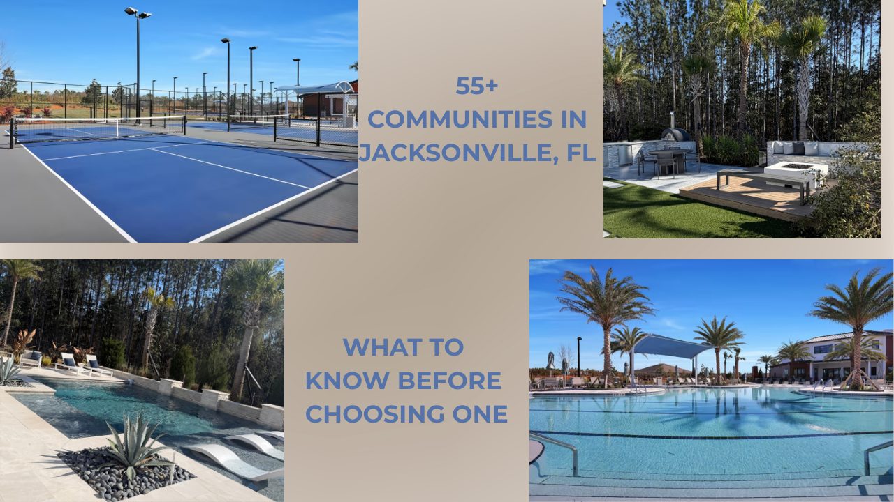 55+ communities in Jacksonville FL featuring resort-style pool, pickleball courts, and outdoor gathering spaces in active adult neighborhood