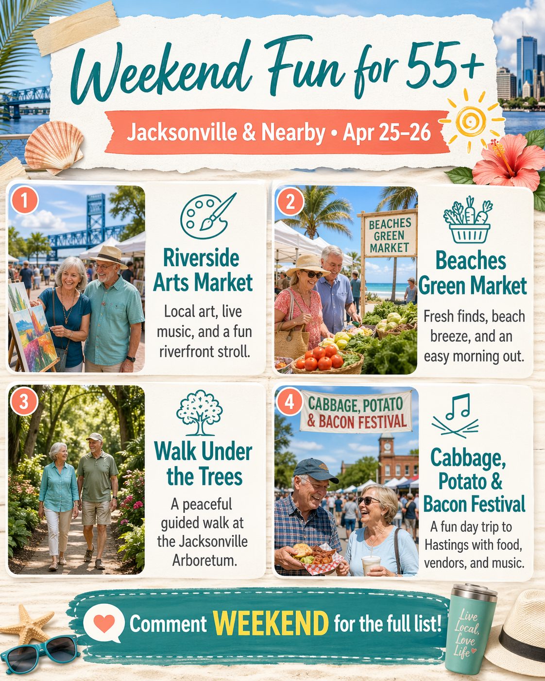 55+ friendly weekend activities in Jacksonville including markets, beach events, nature walks, and day trips.