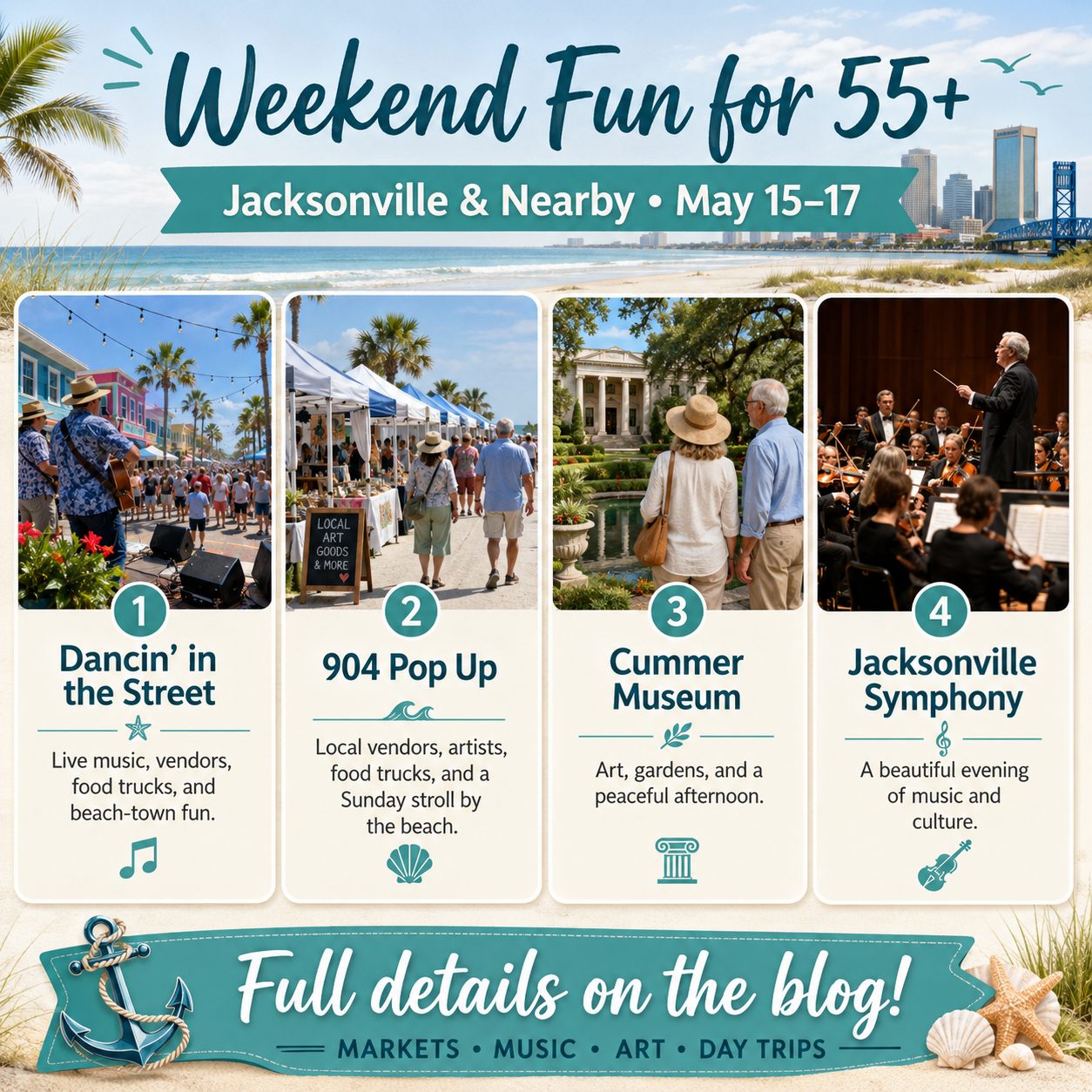 55+ friendly weekend activities in Jacksonville including beach festivals, local markets, art, concerts, and day trips.