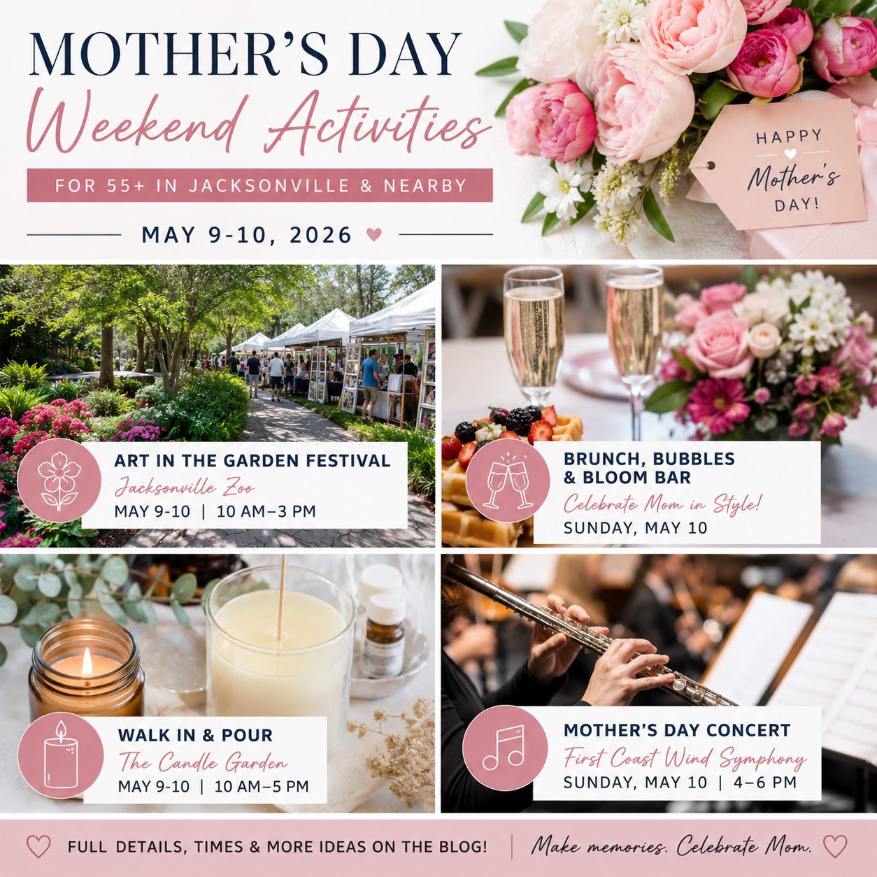 Mother’s Day weekend activities in Jacksonville for 55+ including brunch, garden events, candle making, and music.