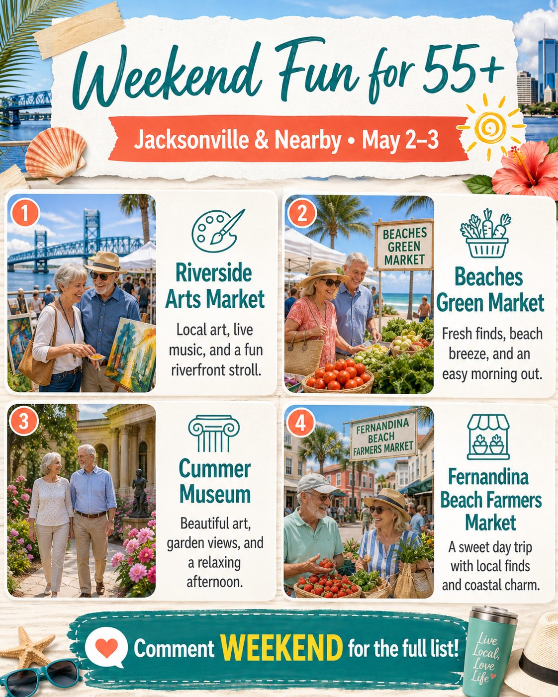 Looking for 55+ friendly weekend activities in Jacksonville? Explore markets, art, museums, beach events, day trips, and local outings for May 2–3.