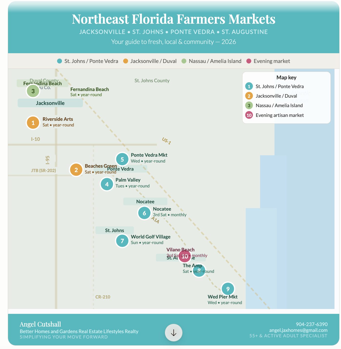 Map of farmers markets near Jacksonville St Augustine Ponte Vedra and St Johns County Florida 2026