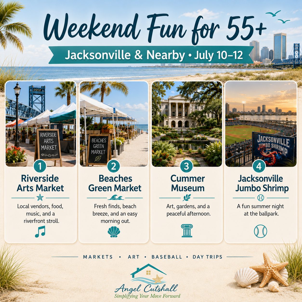 55+ friendly weekend activities in Jacksonville for July 10–12 including markets, museum tours, baseball, zoo events, and day trips.