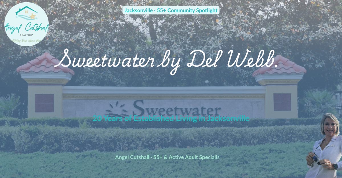 Sweetwater by Del Webb 55+ community clubhouse and mature oak trees in Jacksonville, Florida