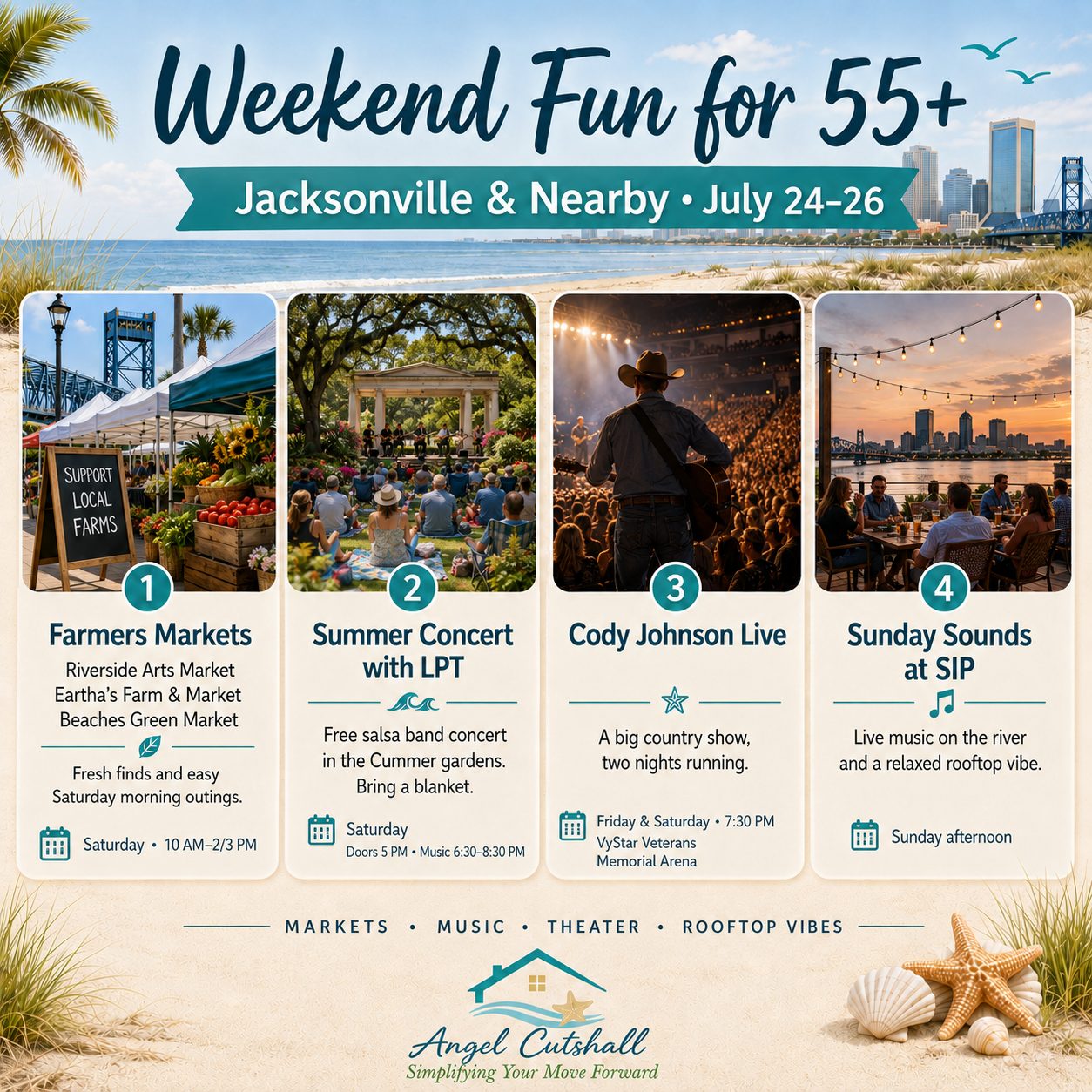 Graphic featuring 55+ friendly weekend events in Jacksonville and nearby for July 24–26, 2026, including farmers markets, the Summer Concert with LPT at the Cummer Museum, Cody Johnson Live, and Sunday Sounds at SIP.