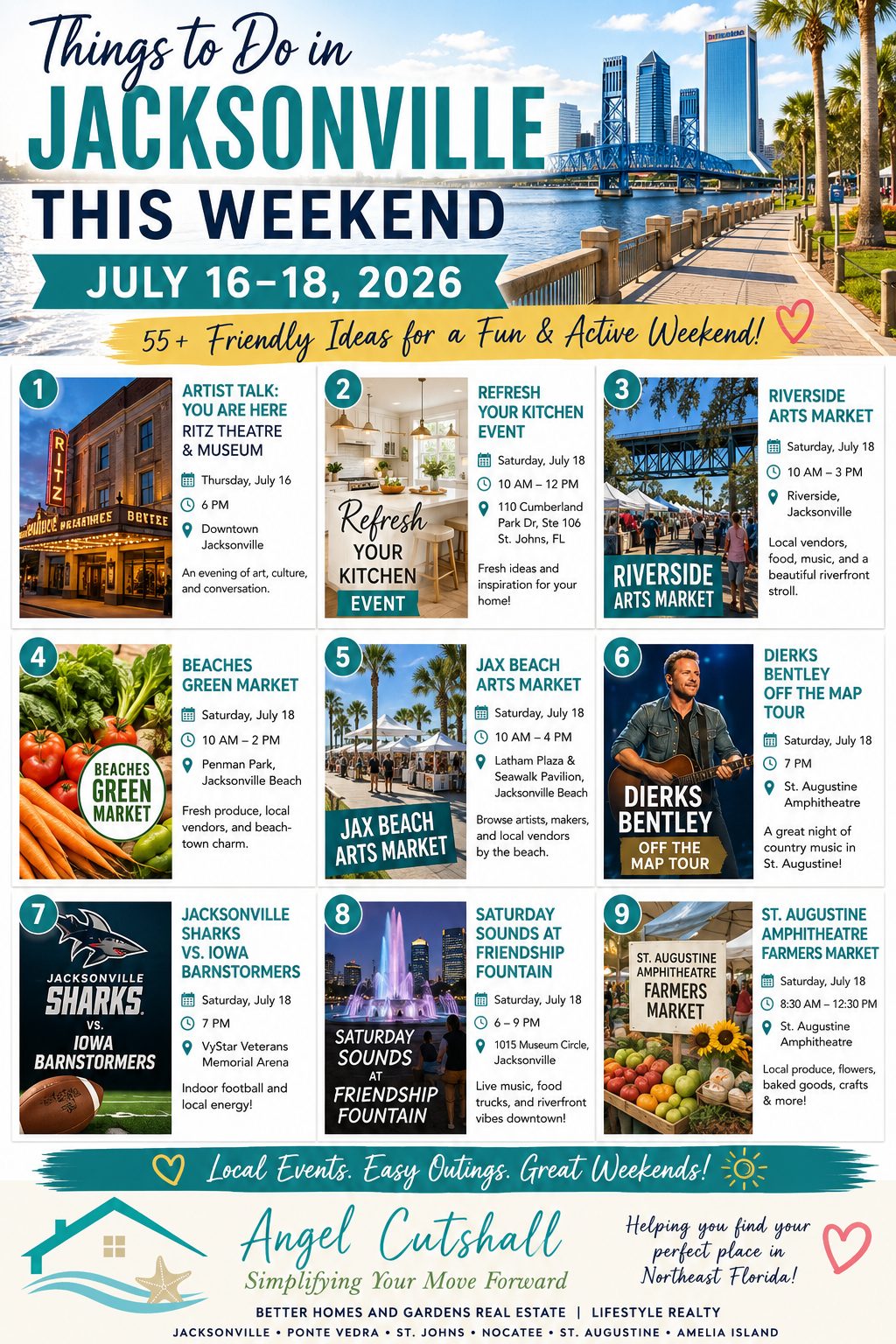 55+ friendly weekend activities in Jacksonville for July 16–18 including local markets, arts, music, home events, and day trips.