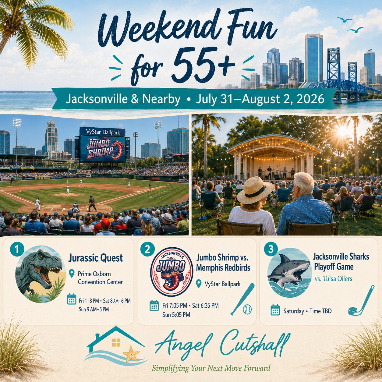 55+ friendly things to do in Jacksonville this weekend including Jurassic Quest, Jacksonville Jumbo Shrimp baseball, farmers markets, Jacksonville Sharks, and Dude Perfect.