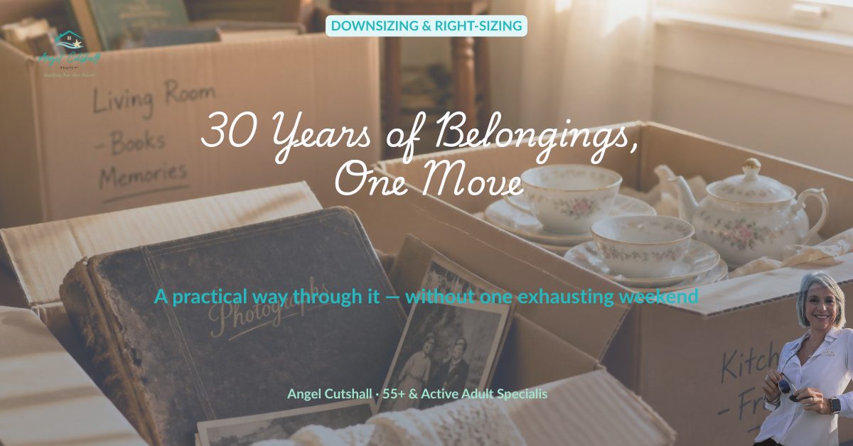 Moving boxes with sentimental items being sorted during a home downsize