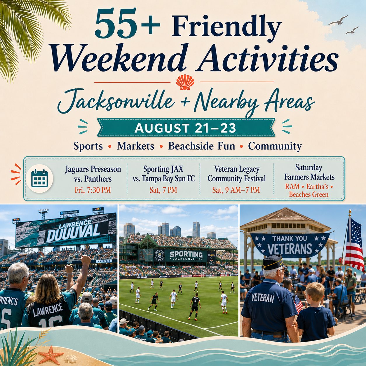 55+ friendly weekend activities in Jacksonville for August 21–23 featuring Jaguars preseason football, Sporting JAX soccer, the Veteran Legacy Community Festival, and Saturday farmers markets.