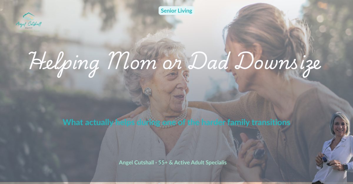 Adult child and parent sitting together discussing a move to a 55+ community