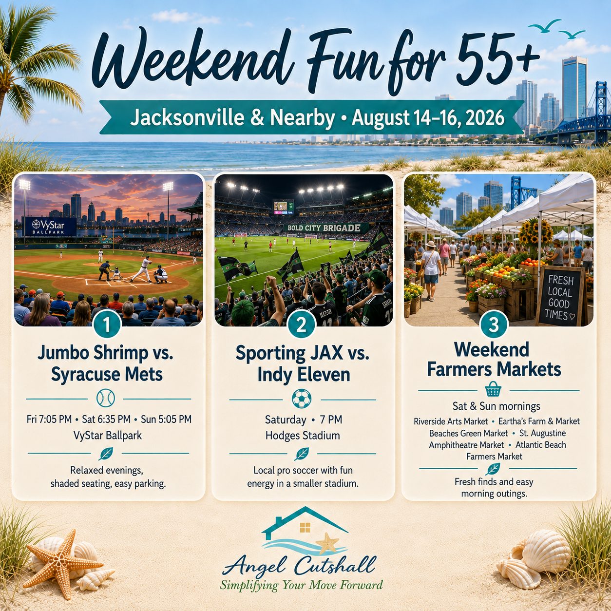 55+ friendly things to do in Jacksonville this weekend including the World’s Biggest Beach Bike Ride, Jacksonville Jumbo Shrimp baseball, Jacksonville Makers Market, and local farmers markets.