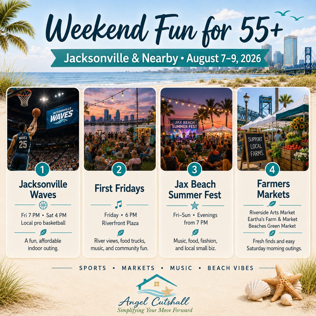 55+ friendly things to do in Jacksonville this weekend including Jacksonville Waves basketball, First Fridays downtown, Jax Beach Summer Fest, farmers markets, and St. Augustine Farmers Market.