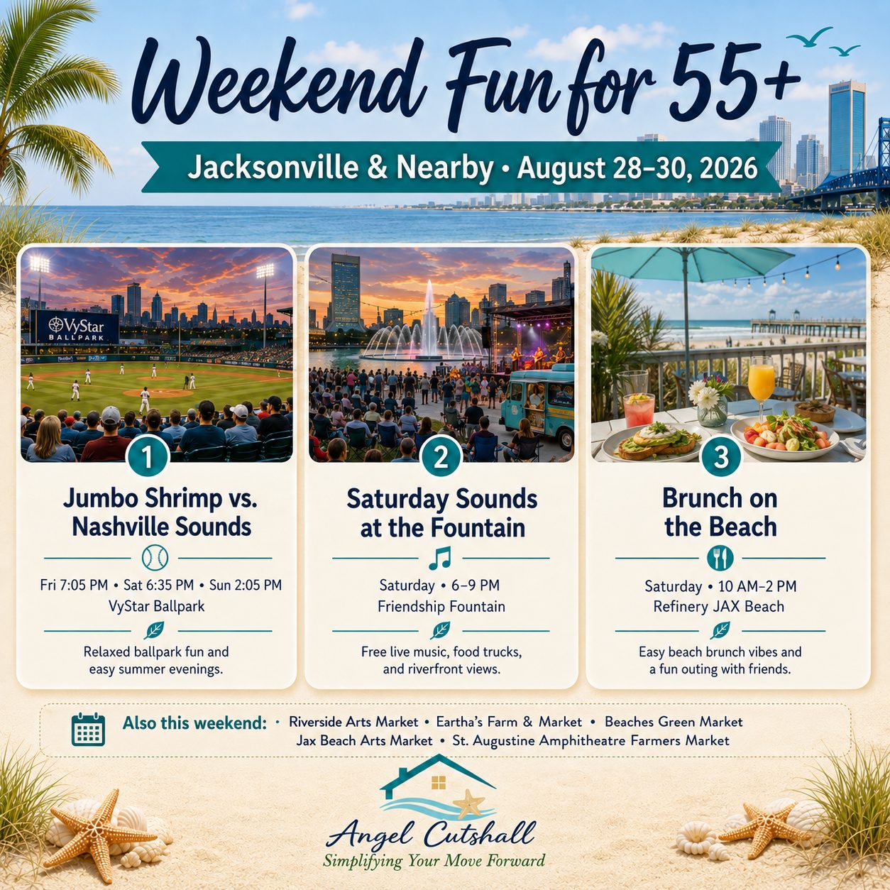 55+ friendly things to do in Jacksonville this weekend including Jumbo Shrimp baseball, Jaguars preseason football, Brunch on the Beach, Saturday Sounds at the Fountain, farmers markets, and Jax Beach Arts Market.
