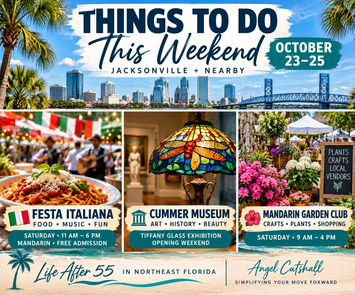 Jacksonville weekend activities October 23–25, featuring Festa Italiana, Tiffany glass at the Cummer Museum, and the Mandarin Garden Club Craft Fair.