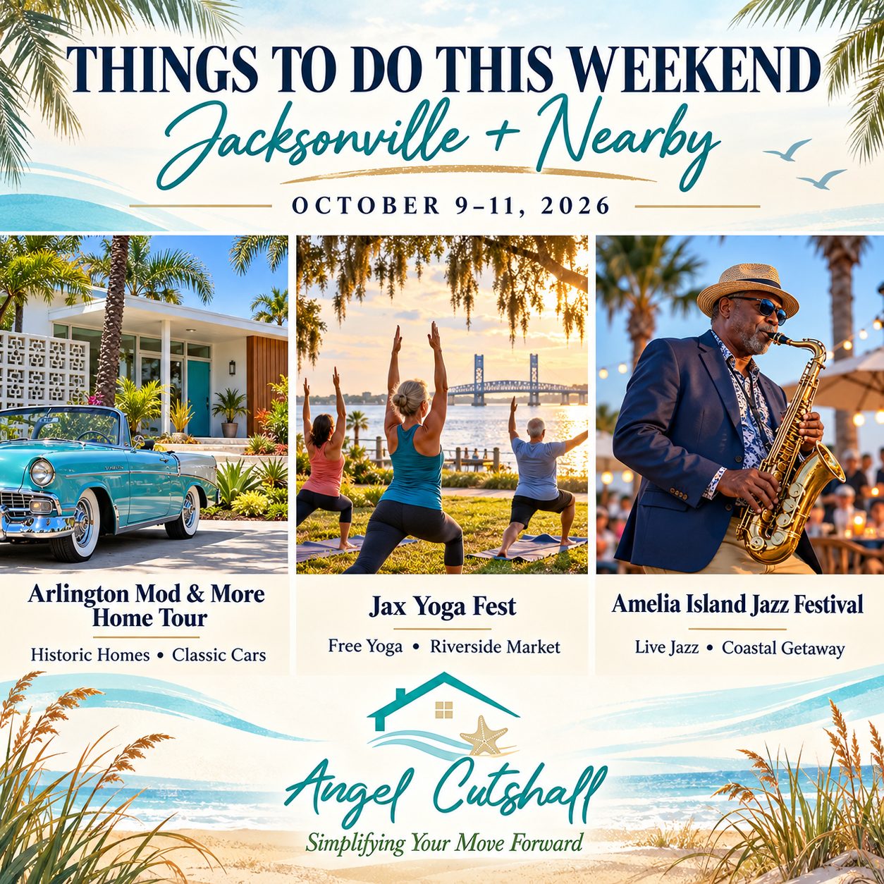 Jacksonville weekend activities October 9–11, featuring Arlington home tours, Jax Yoga Fest, and the Amelia Island Jazz Festival.