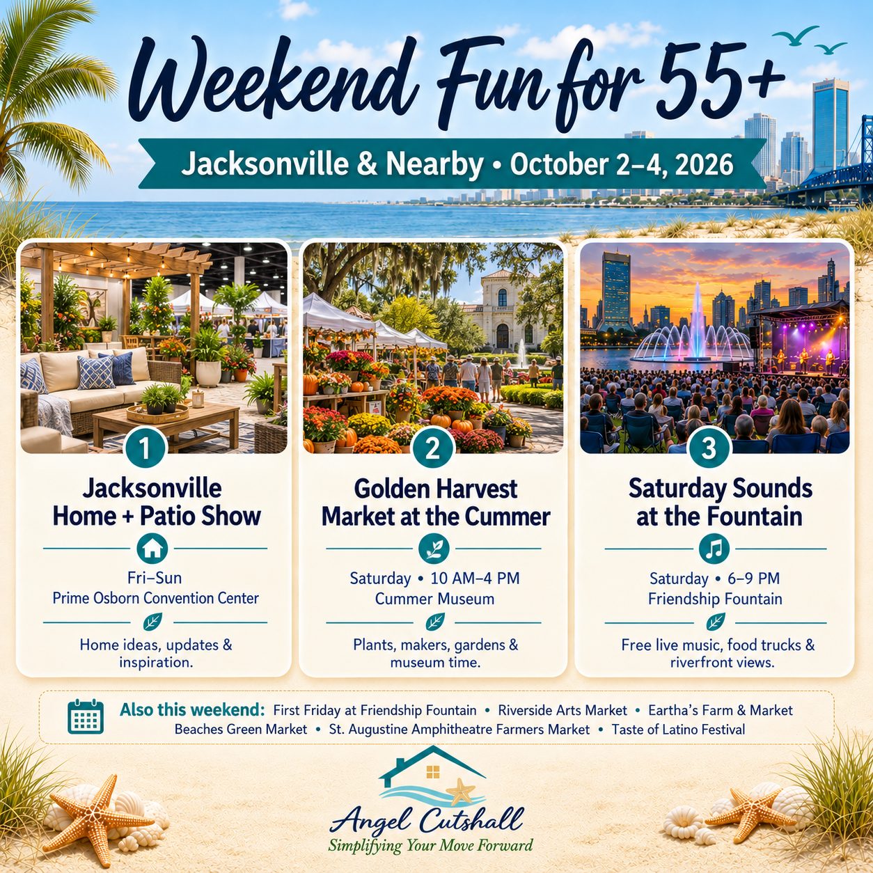 55+ friendly things to do in Jacksonville this weekend including the Home and Patio Show, Friendship Fountain events, local markets, Cummer Museum, and Taste of Latino Festival.